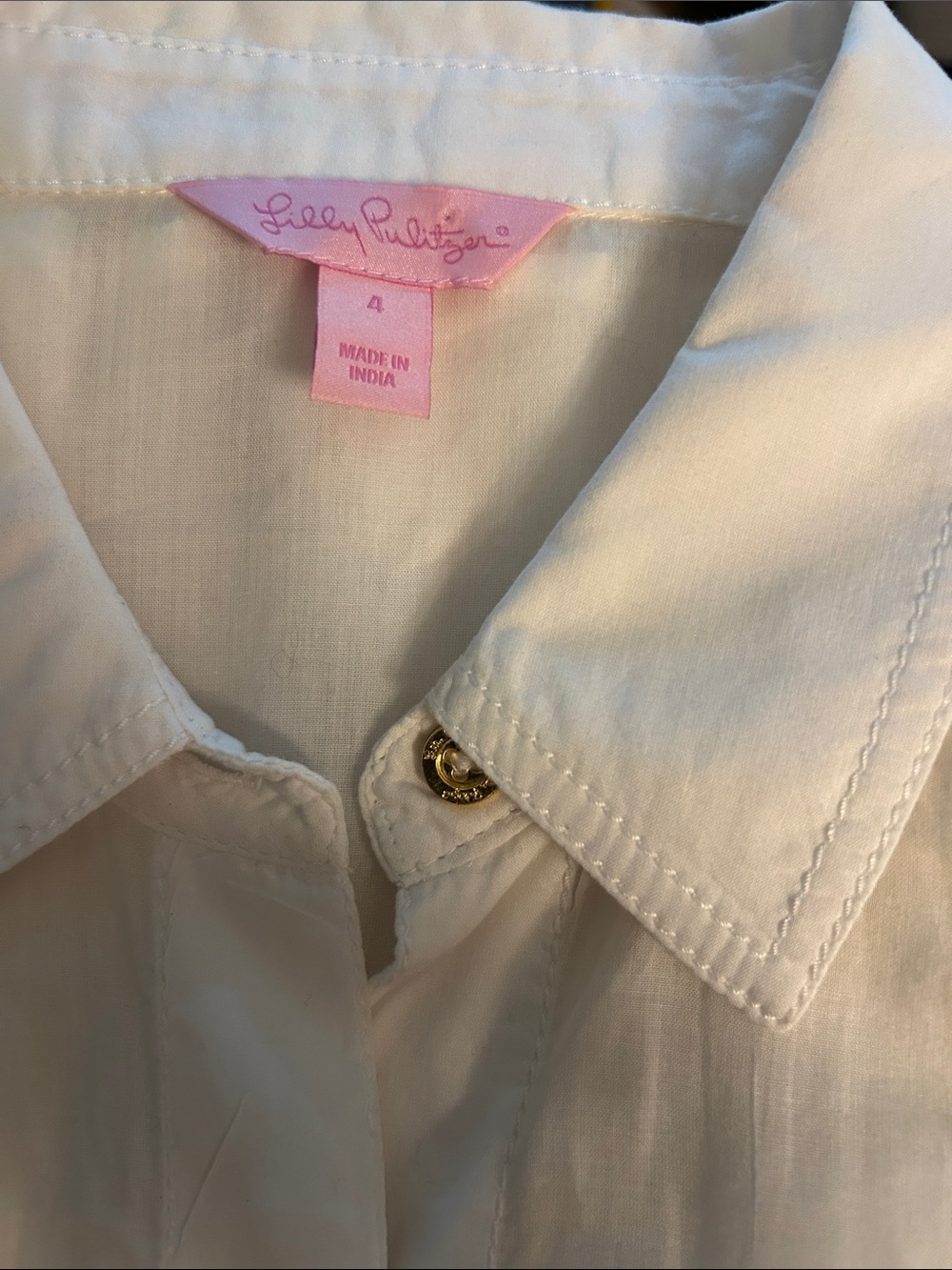 Lilly Pulitzer White Collared Women's Size 4 White Soft 100% Cotton Gold Button